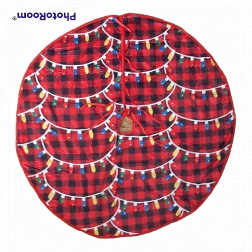 Large Red & Black Buffalo Plaid Christmas Tree Skirt, Multicolored Light Pattern
